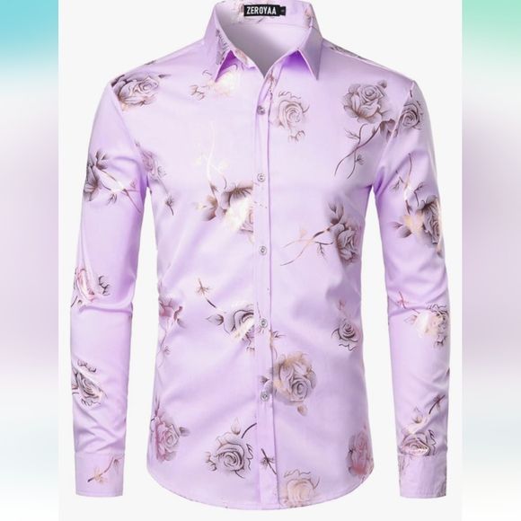 Lavender hipster button down with gold 3D roses size Men's medium - Picture 1 of 11